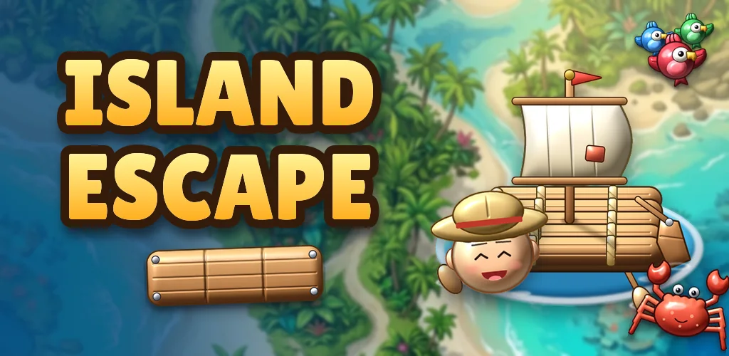 Island Escape title art with the explorer, his raft and a crab
