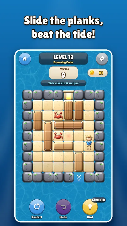 Slide the planks, beat the tide: a level with crabs and a rising tide